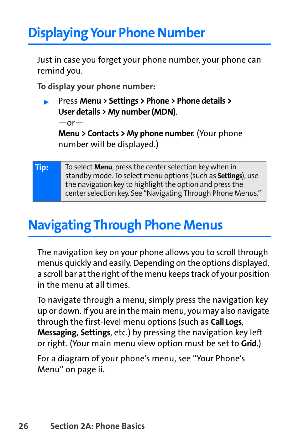Displaying your phone number, Navigating through phone menus | Nokia 6165i User Manual | Page 52 / 231