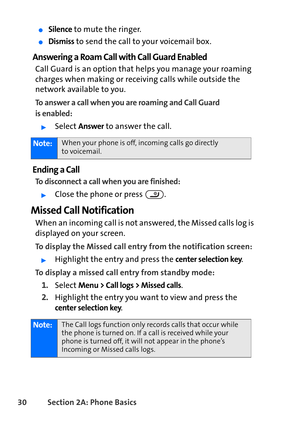 Missed call notification, Answering a roam call with call guard enabled, Ending a call | Nokia 6165i User Manual | Page 56 / 231