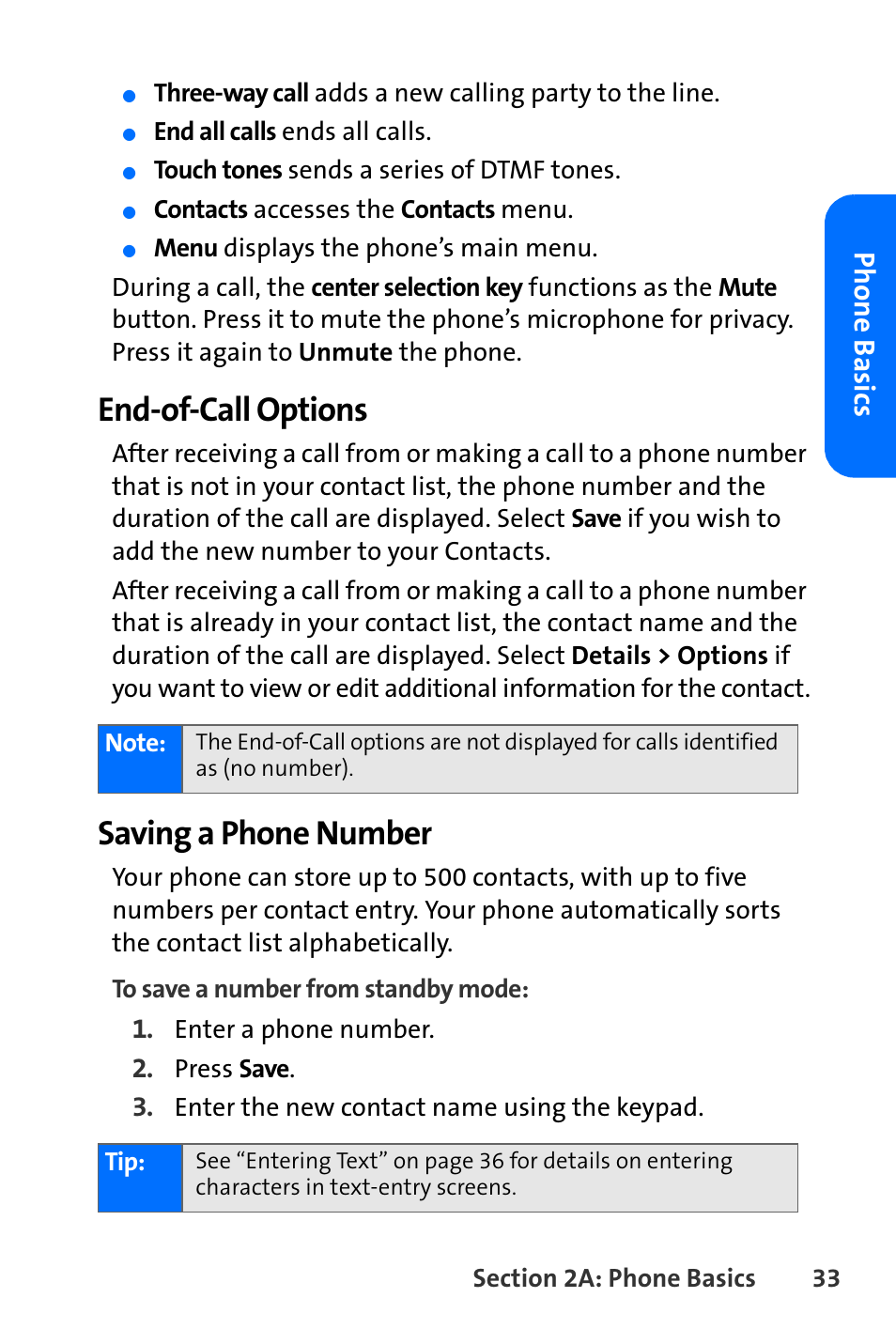 End-of-call options, Saving a phone number, Phone basics | Nokia 6165i User Manual | Page 59 / 231
