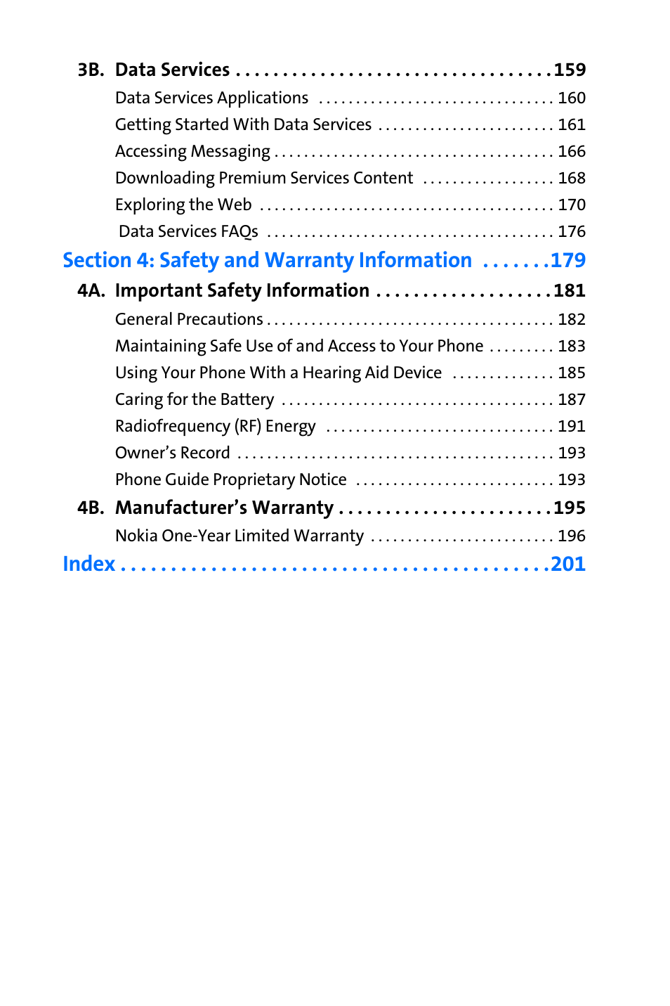 3b. data services 159, 4a. important safety information 181, 4b. manufacturer’s warranty 195 | Index | Nokia 6165i User Manual | Page 6 / 231
