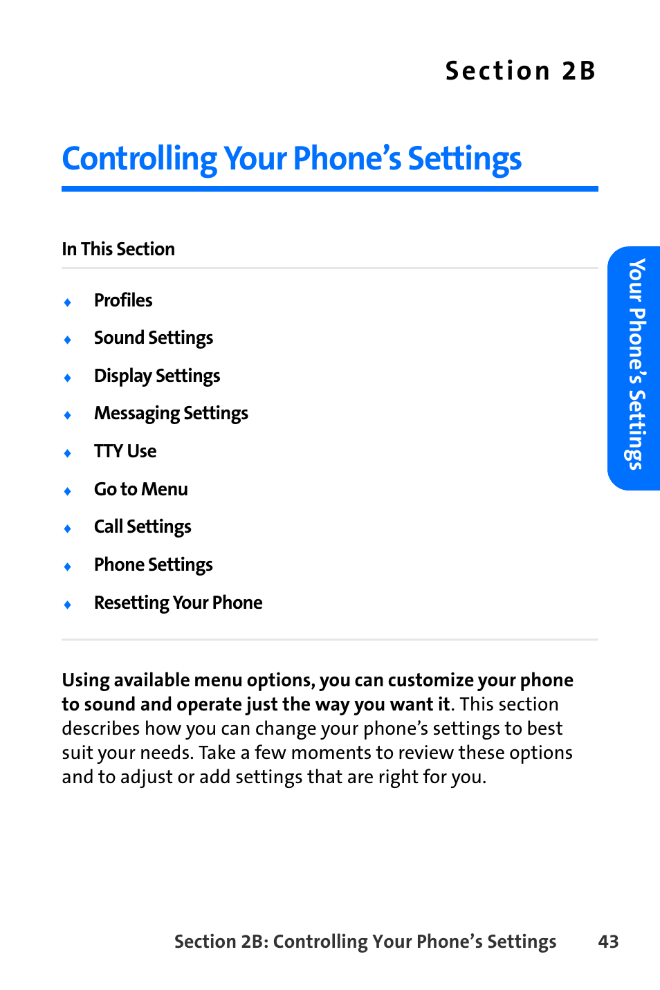 Controlling your phone’s settings, 2b. controlling your phone’s settings, Yo ur ph one’ s sett ings | Nokia 6165i User Manual | Page 69 / 231