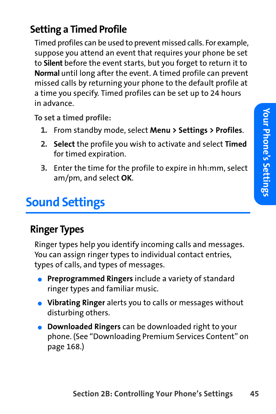 Sound settings, Setting a timed profile, Ringer types | Nokia 6165i User Manual | Page 71 / 231