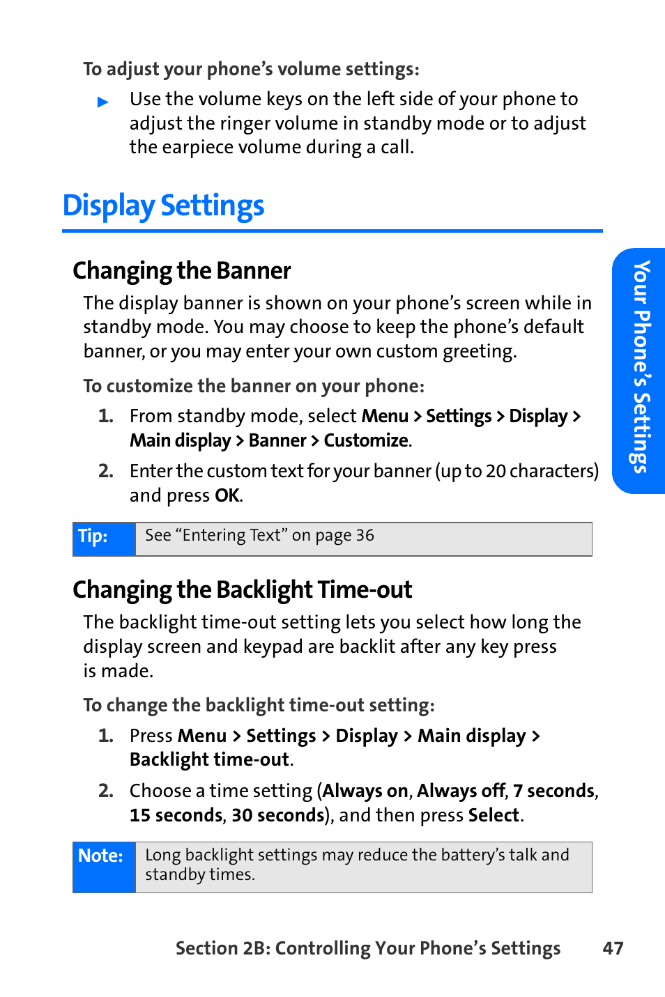 Display settings, Changing the banner, Changing the backlight time-out | Nokia 6165i User Manual | Page 73 / 231