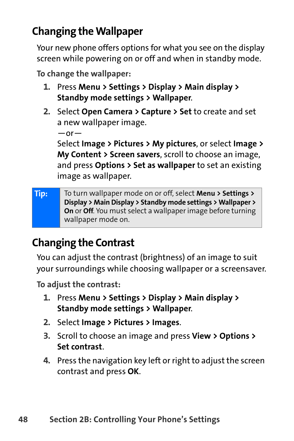 Changing the wallpaper, Changing the contrast | Nokia 6165i User Manual | Page 74 / 231