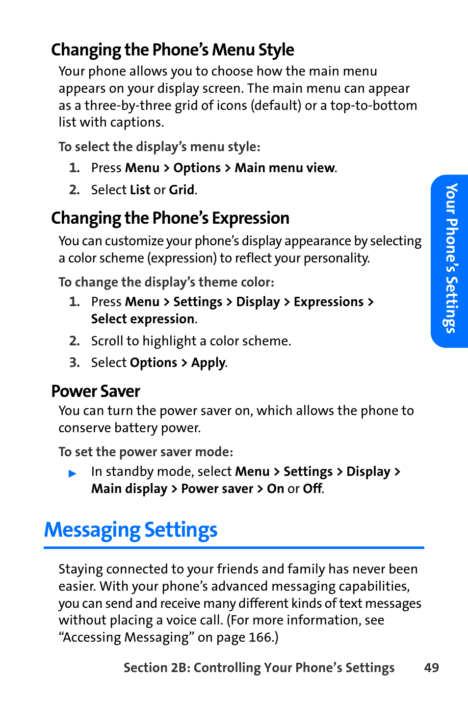 Messaging settings, Changing the phone’s menu style, Changing the phone’s expression | Power saver | Nokia 6165i User Manual | Page 75 / 231