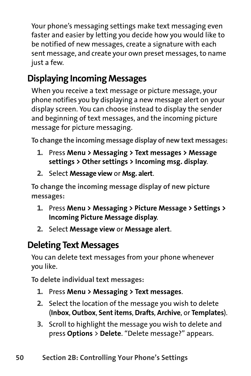 Displaying incoming messages, Deleting text messages | Nokia 6165i User Manual | Page 76 / 231