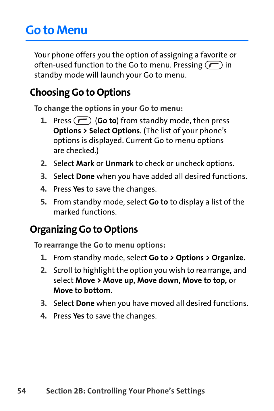 Go to menu, Choosing go to options, Organizing go to options | Nokia 6165i User Manual | Page 80 / 231
