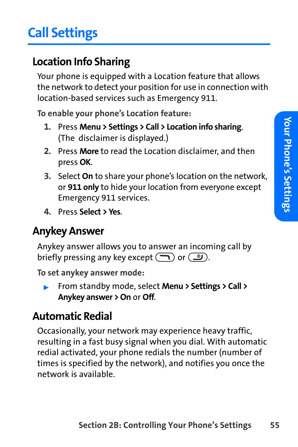 Call settings, Location info sharing, Anykey answer | Automatic redial | Nokia 6165i User Manual | Page 81 / 231