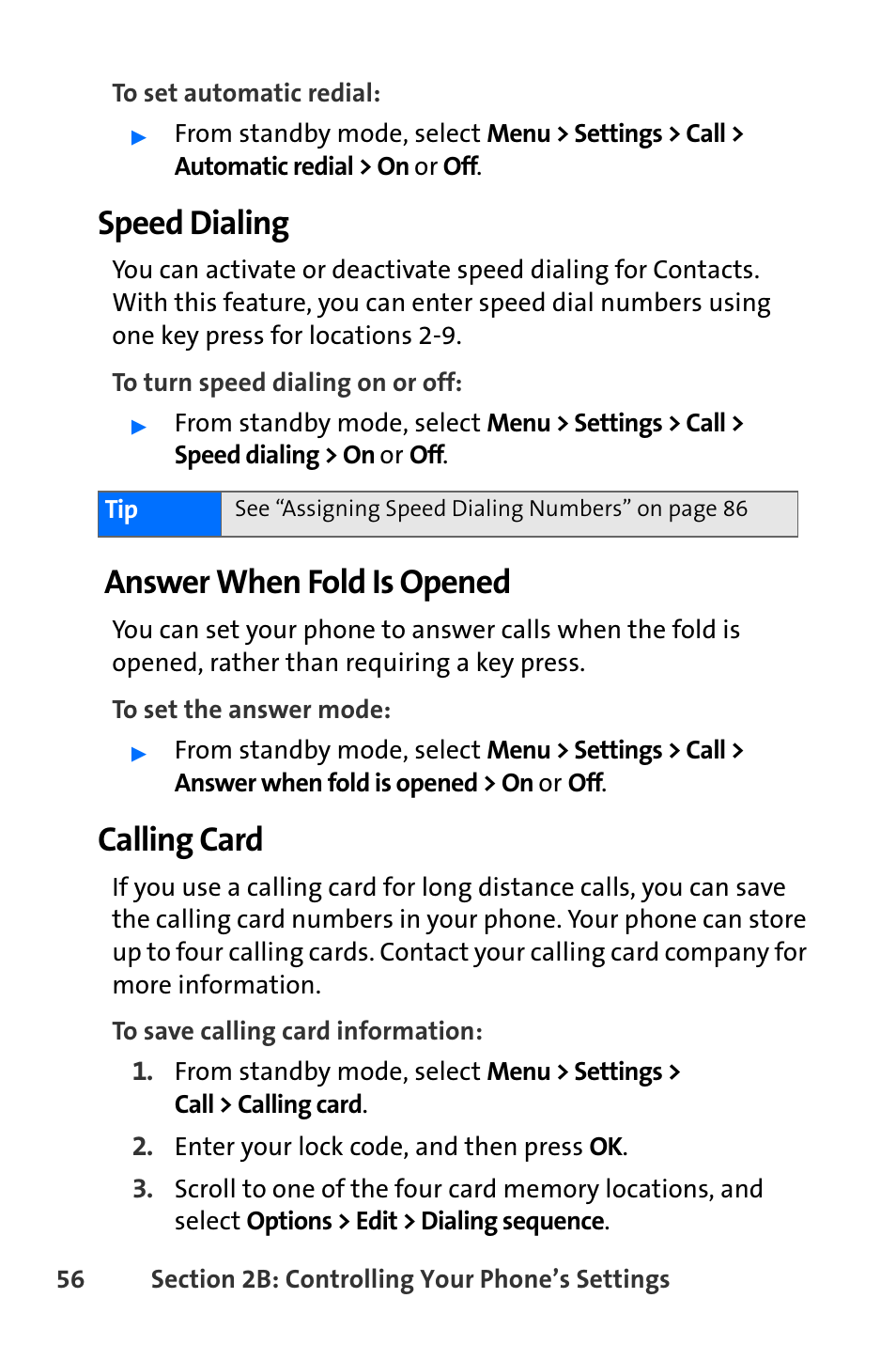 Speed dialing, Answer when fold is opened, Calling card | Nokia 6165i User Manual | Page 82 / 231