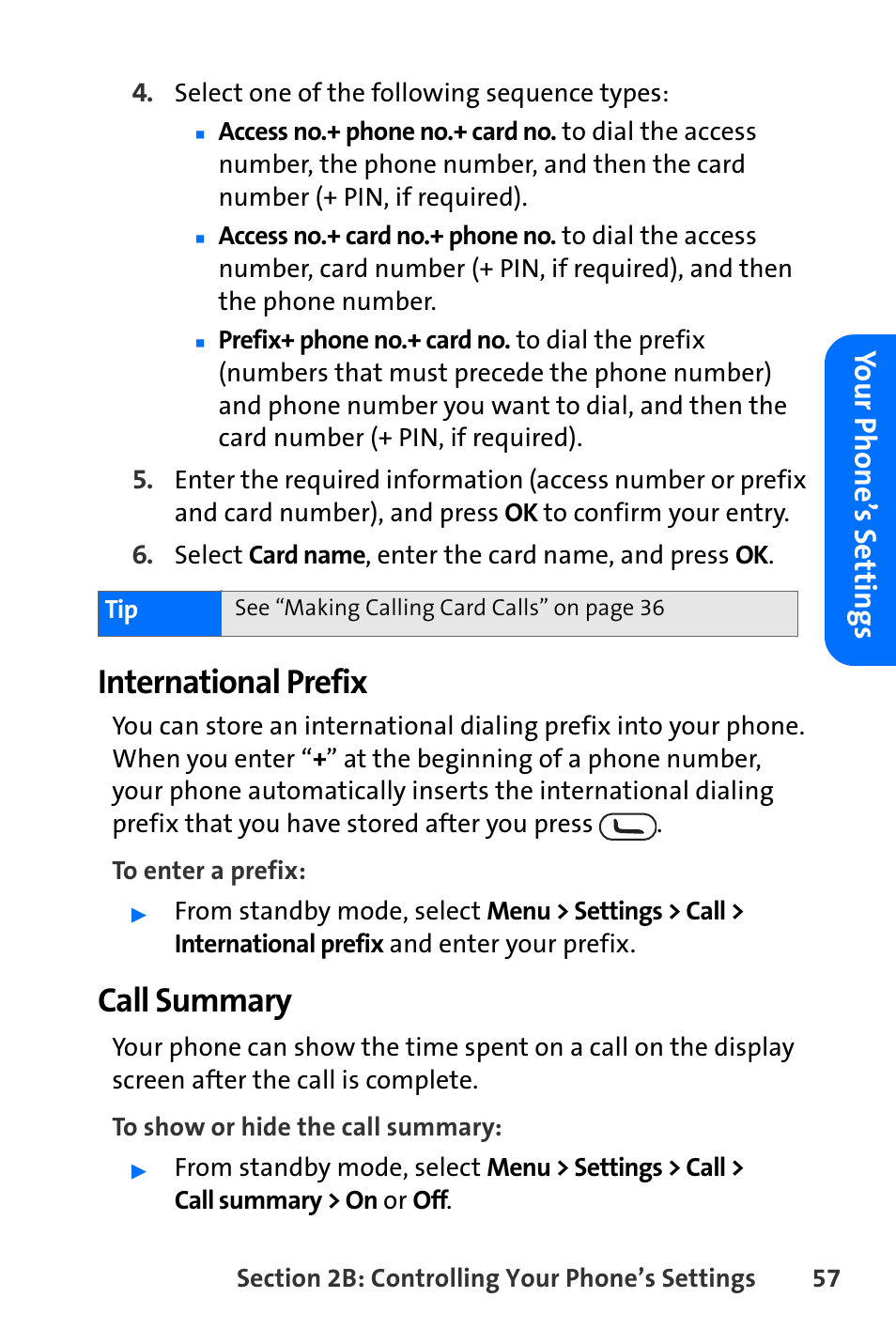 International prefix, Call summary, Yo ur ph one’ s sett ings | Nokia 6165i User Manual | Page 83 / 231