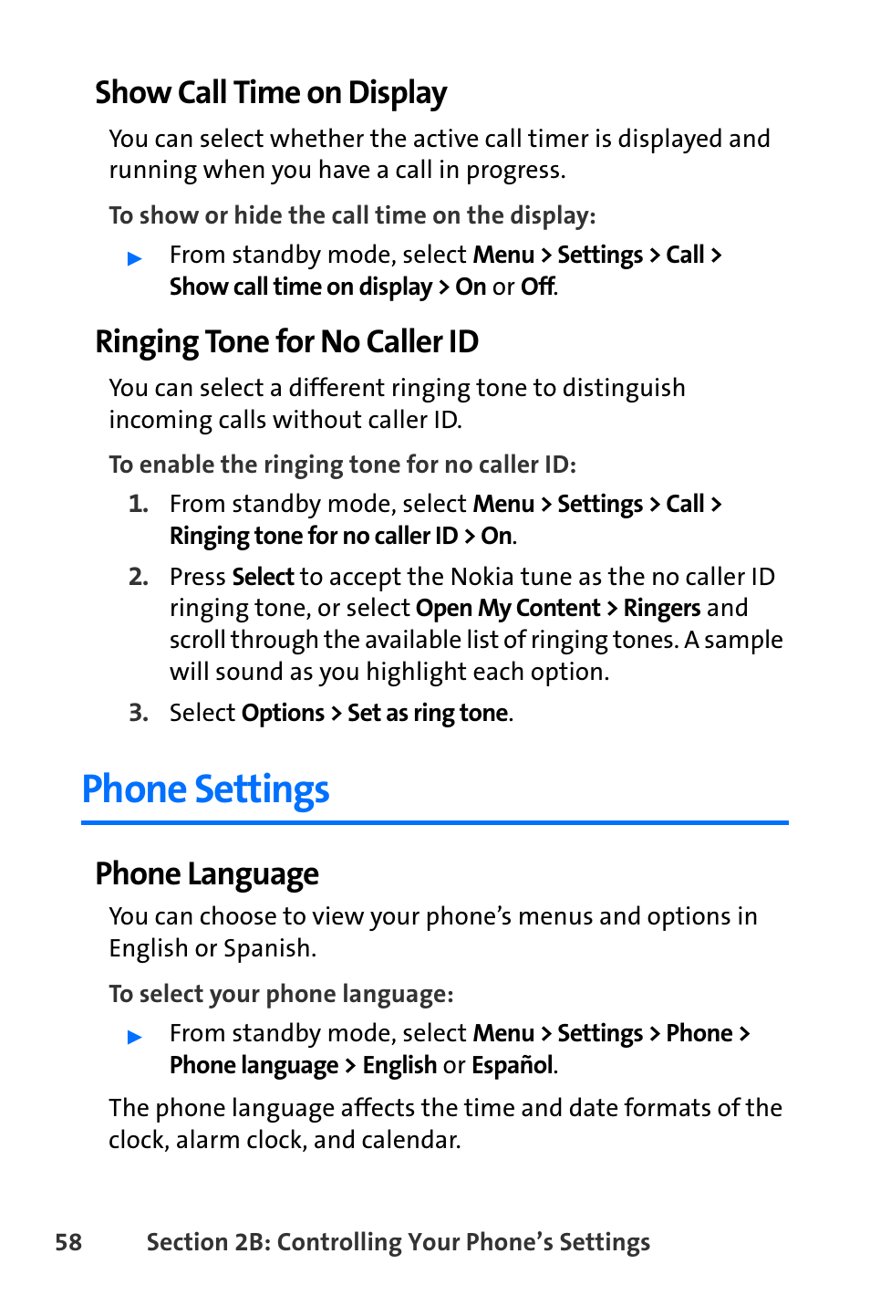 Phone settings, Show call time on display, Ringing tone for no caller id | Phone language | Nokia 6165i User Manual | Page 84 / 231