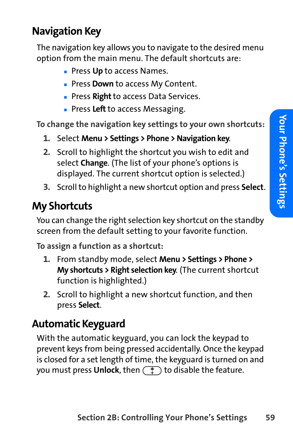 Navigation key, My shortcuts, Automatic keyguard | Yo ur ph one’ s sett ings | Nokia 6165i User Manual | Page 85 / 231