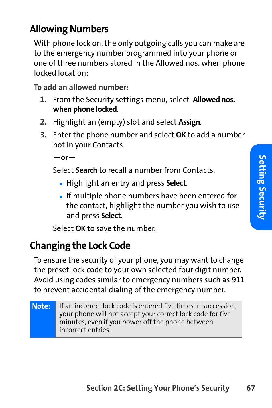 Allowing numbers, Changing the lock code, Setting security | Nokia 6165i User Manual | Page 93 / 231