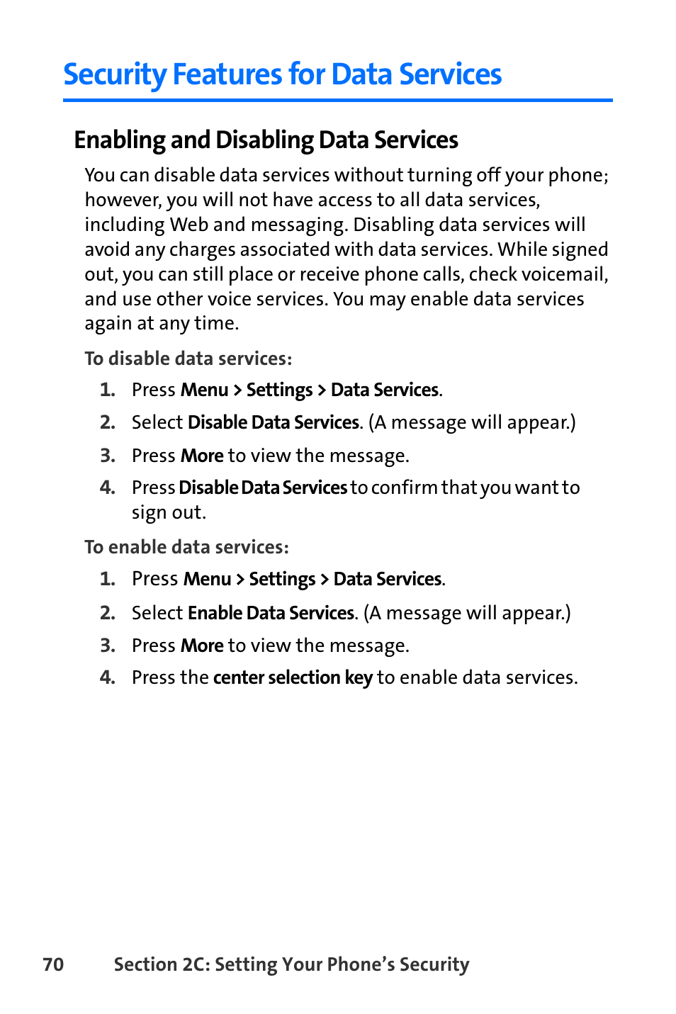 Security features for data services, Enabling and disabling data services | Nokia 6165i User Manual | Page 96 / 231