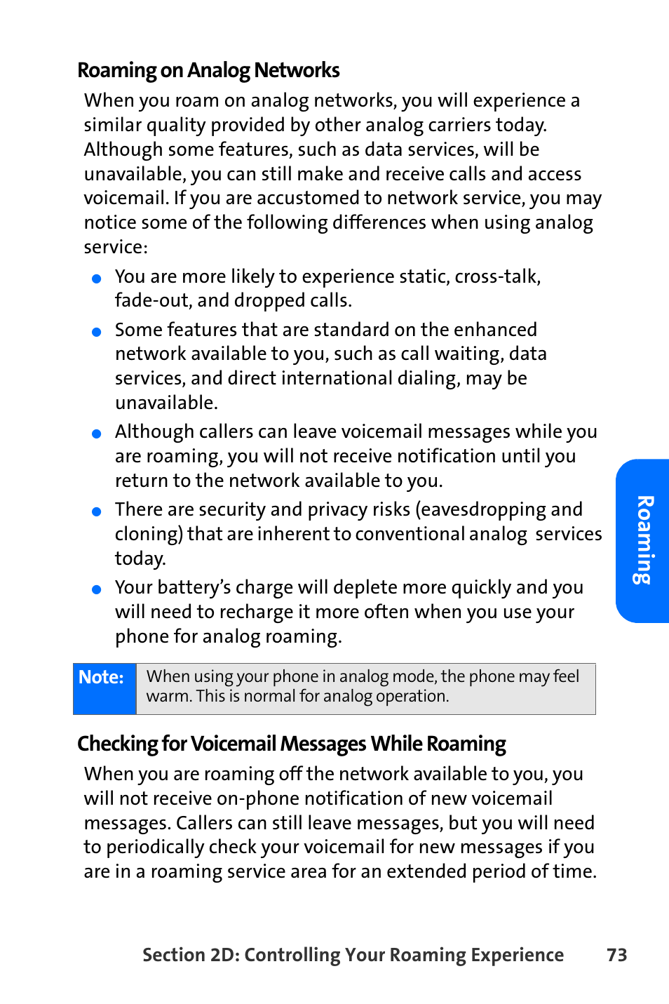 Ro a m in g, Roaming on analog networks, Checking for voicemail messages while roaming | Nokia 6165i User Manual | Page 99 / 231