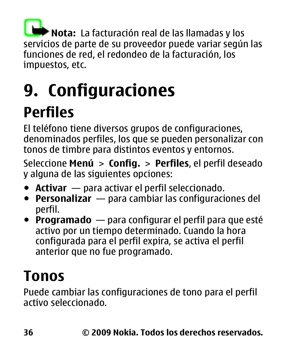 Configuraciones, Perfiles, Tonos | Nokia 2330 User Manual | Page 100 / 135