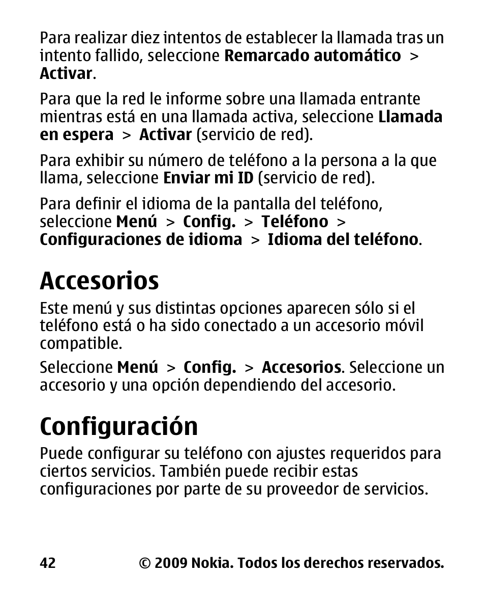 Accesorios, Configuración | Nokia 2330 User Manual | Page 106 / 135