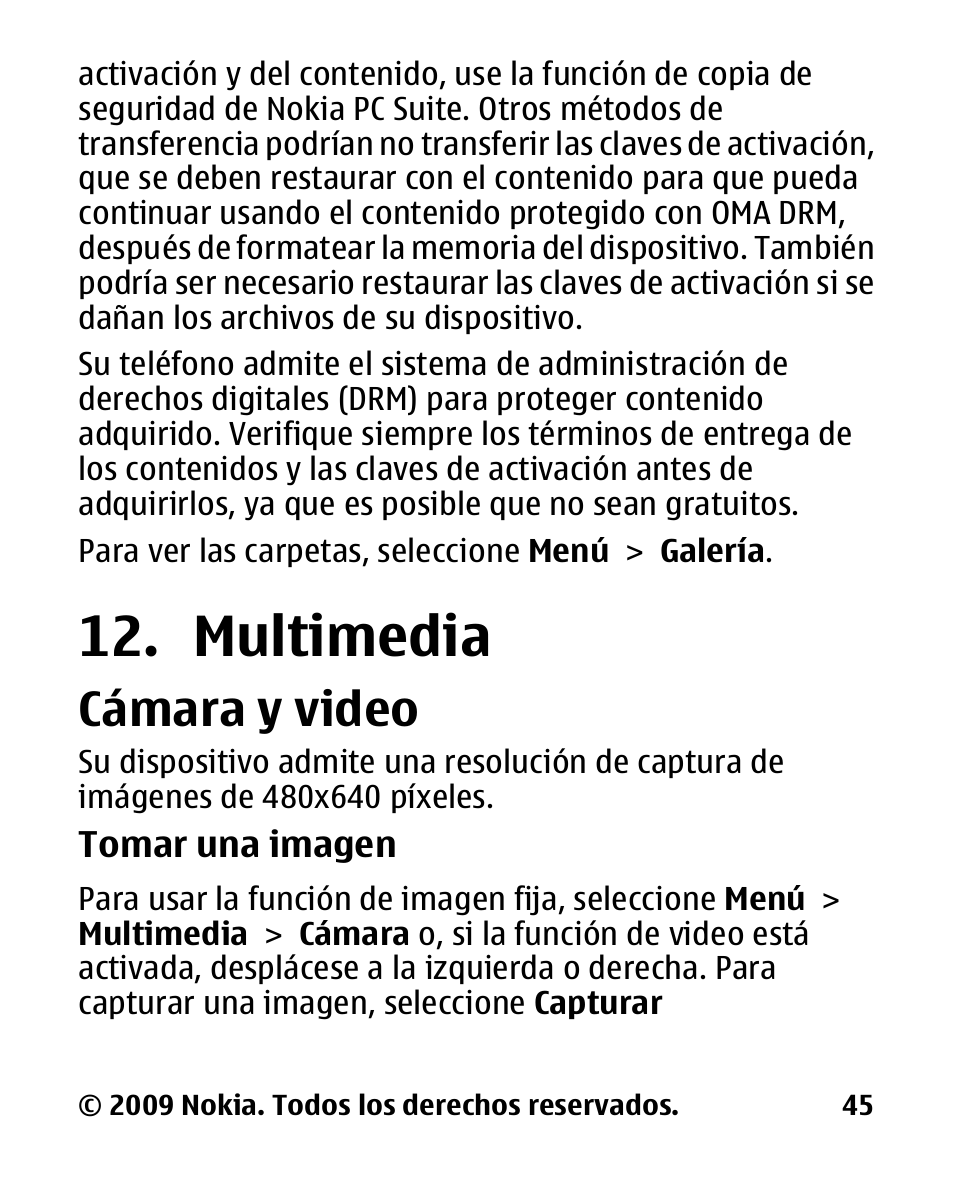 Multimedia, Cámara y video | Nokia 2330 User Manual | Page 109 / 135