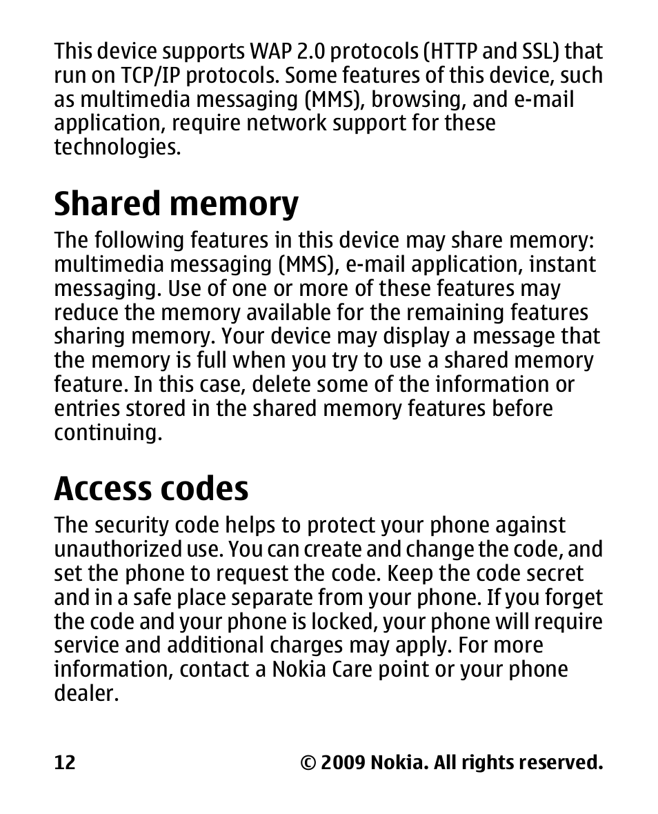 Shared memory, Access codes | Nokia 2330 User Manual | Page 12 / 135