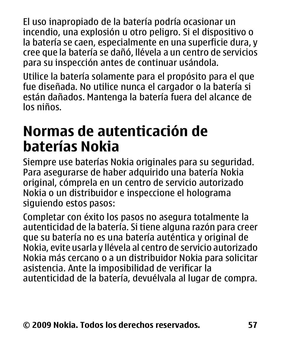 Normas de autenticación de baterías nokia, Normas de autenticación, De baterías nokia | Nokia 2330 User Manual | Page 121 / 135