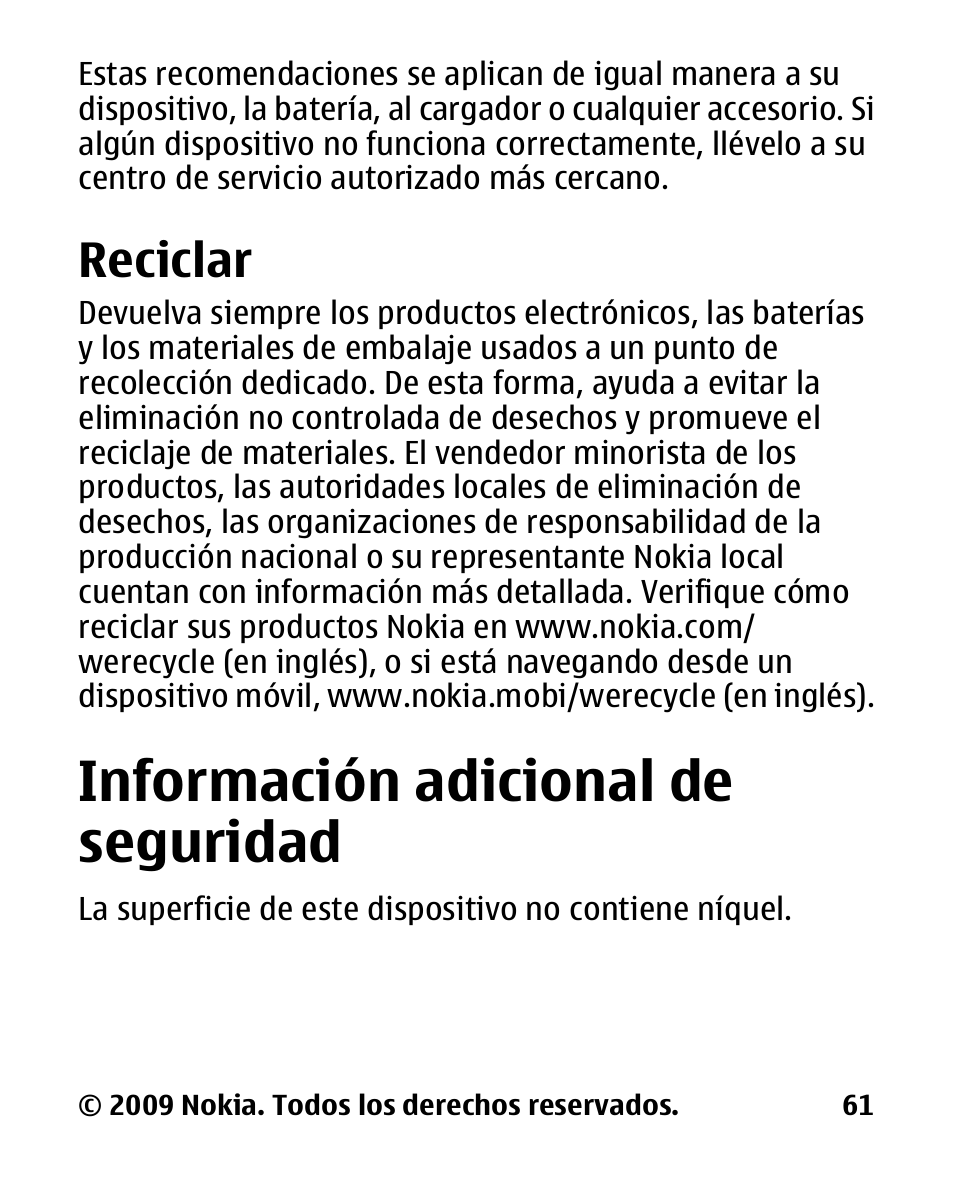 Reciclar, Información adicional de seguridad, Información | Adicional de, Seguridad | Nokia 2330 User Manual | Page 125 / 135