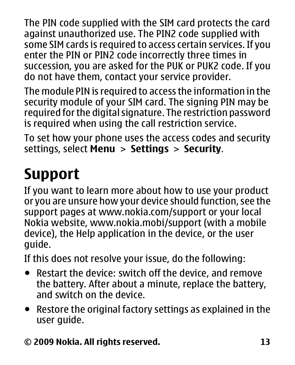 Support | Nokia 2330 User Manual | Page 13 / 135