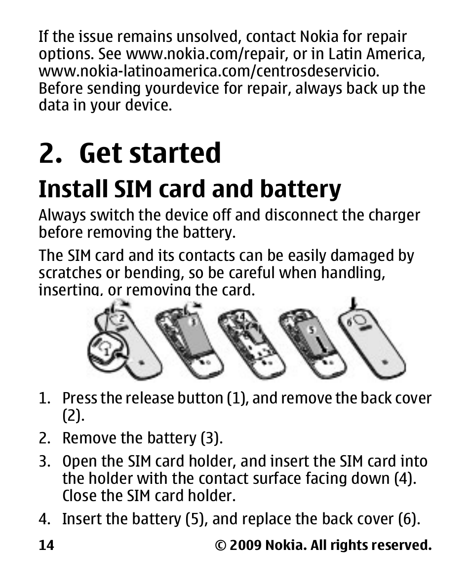 Get started, Install sim card and battery, Install sim card and | Battery | Nokia 2330 User Manual | Page 14 / 135