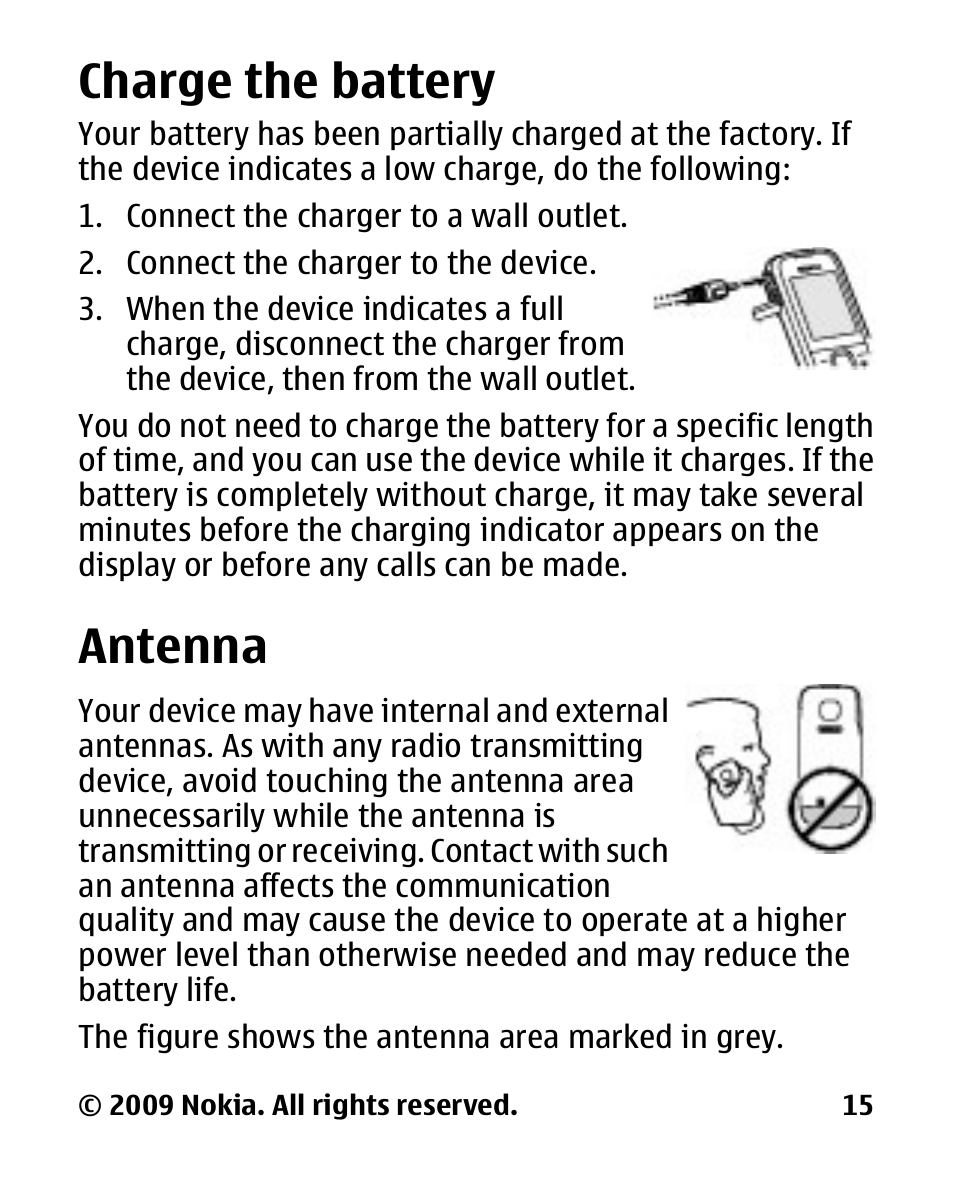 Charge the battery, Antenna | Nokia 2330 User Manual | Page 15 / 135