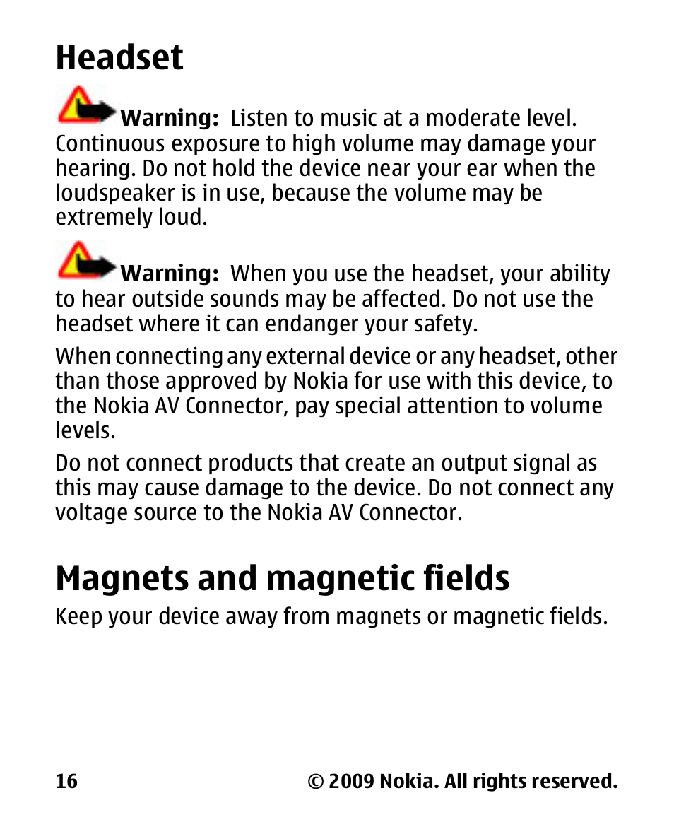 Headset, Magnets and magnetic fields, Magnets and magnetic | Fields | Nokia 2330 User Manual | Page 16 / 135