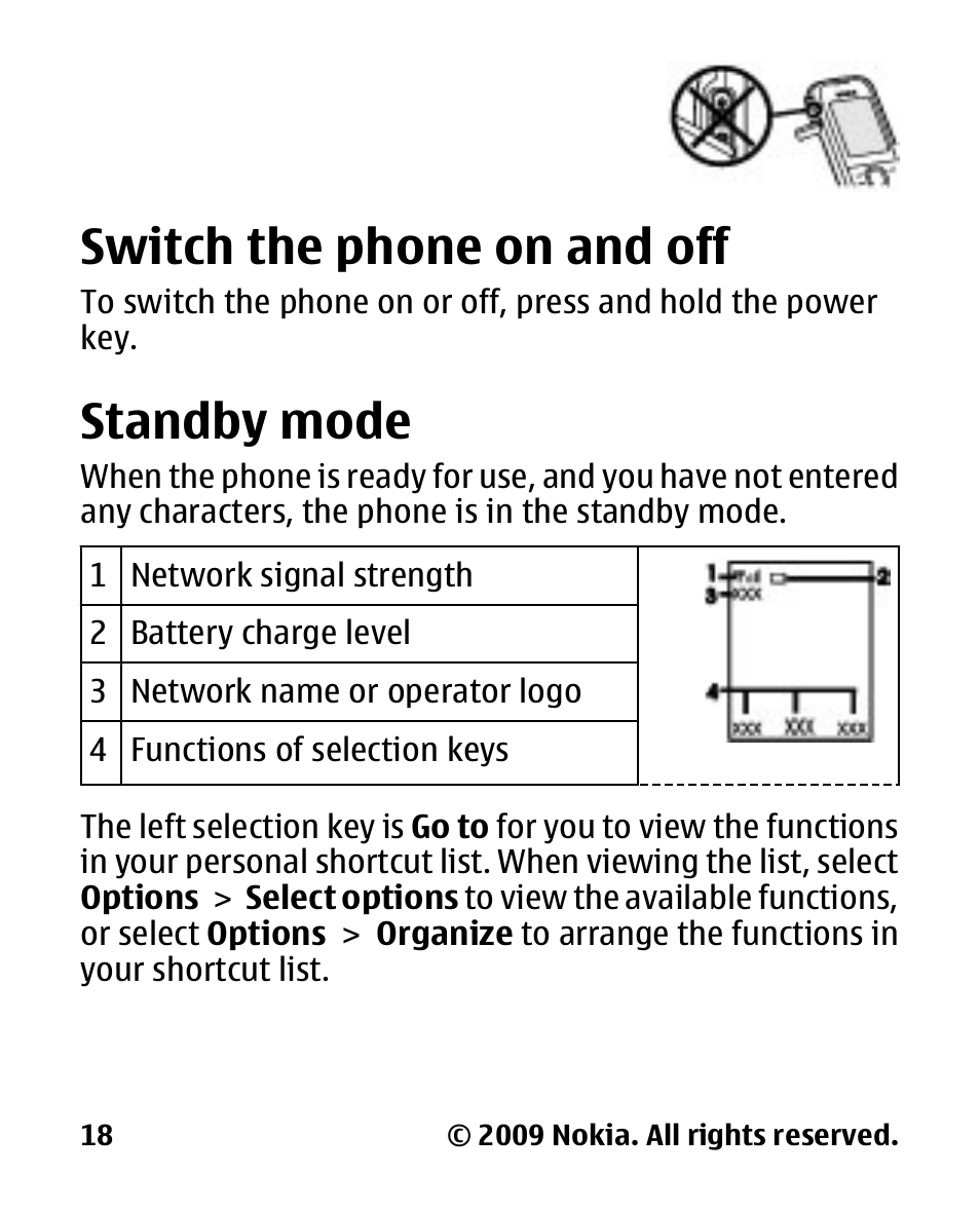 Switch the phone on and off, Standby mode, Switch the phone on and | Nokia 2330 User Manual | Page 18 / 135