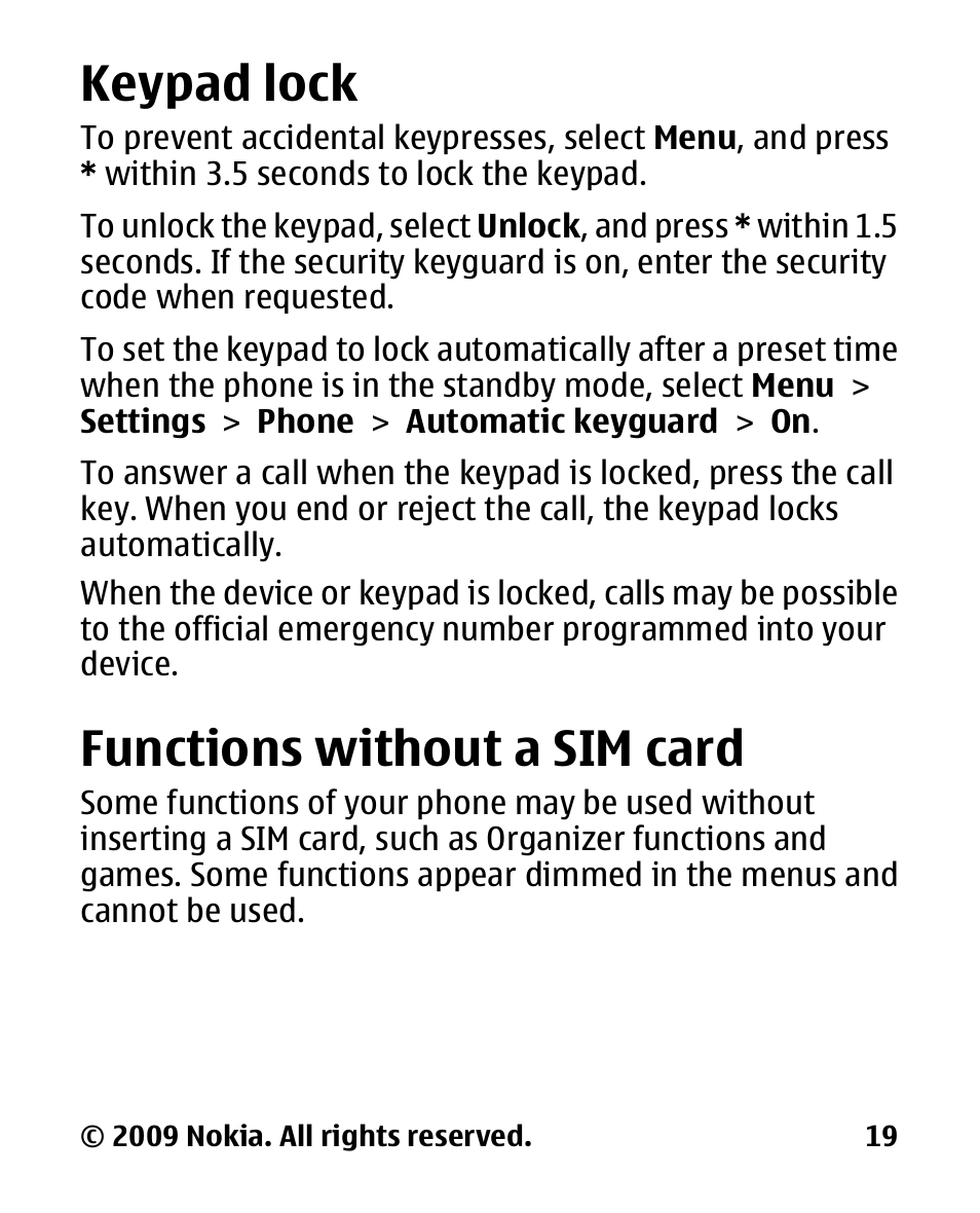 Keypad lock, Functions without a sim card, Functions without a sim | Card | Nokia 2330 User Manual | Page 19 / 135