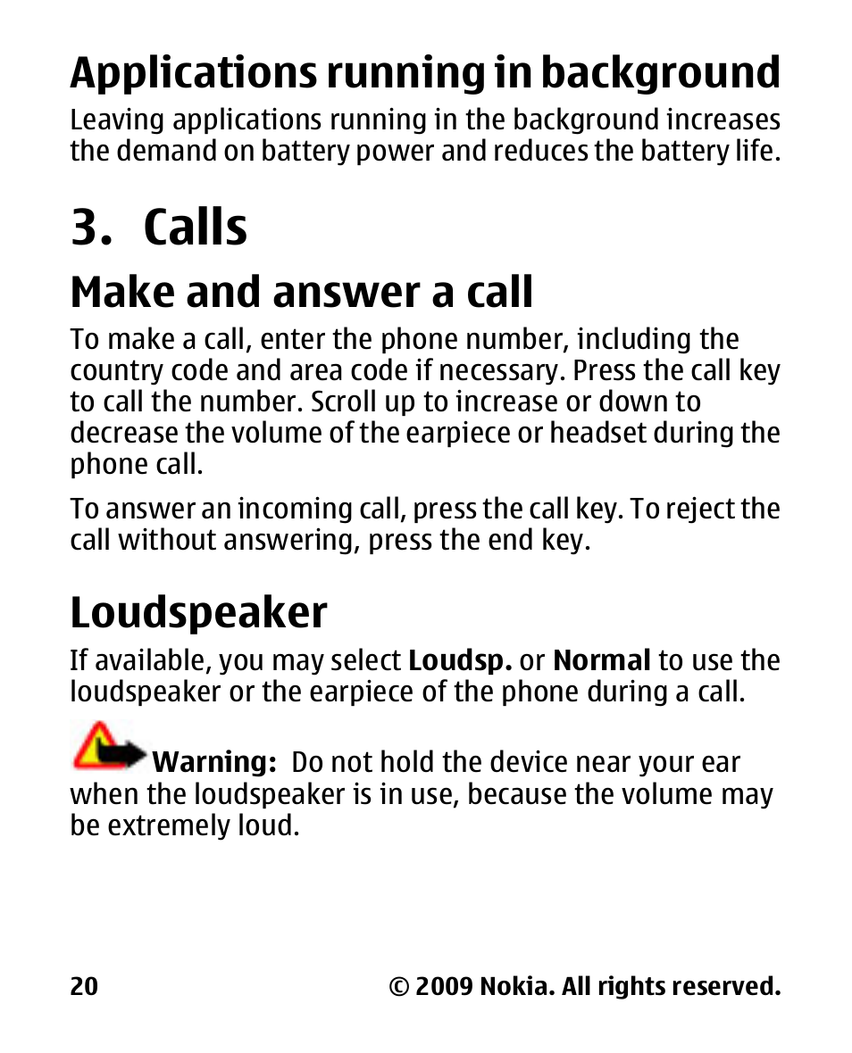 Applications running in background, Calls, Make and answer a call | Loudspeaker, Applications running in, Background, Make and answer a, Call | Nokia 2330 User Manual | Page 20 / 135