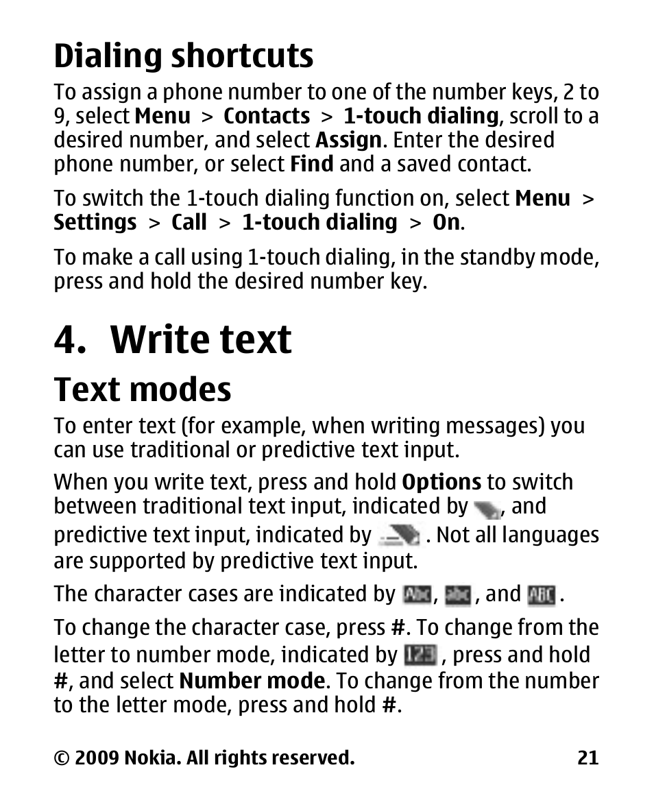 Dialing shortcuts, Write text, Text modes | Nokia 2330 User Manual | Page 21 / 135