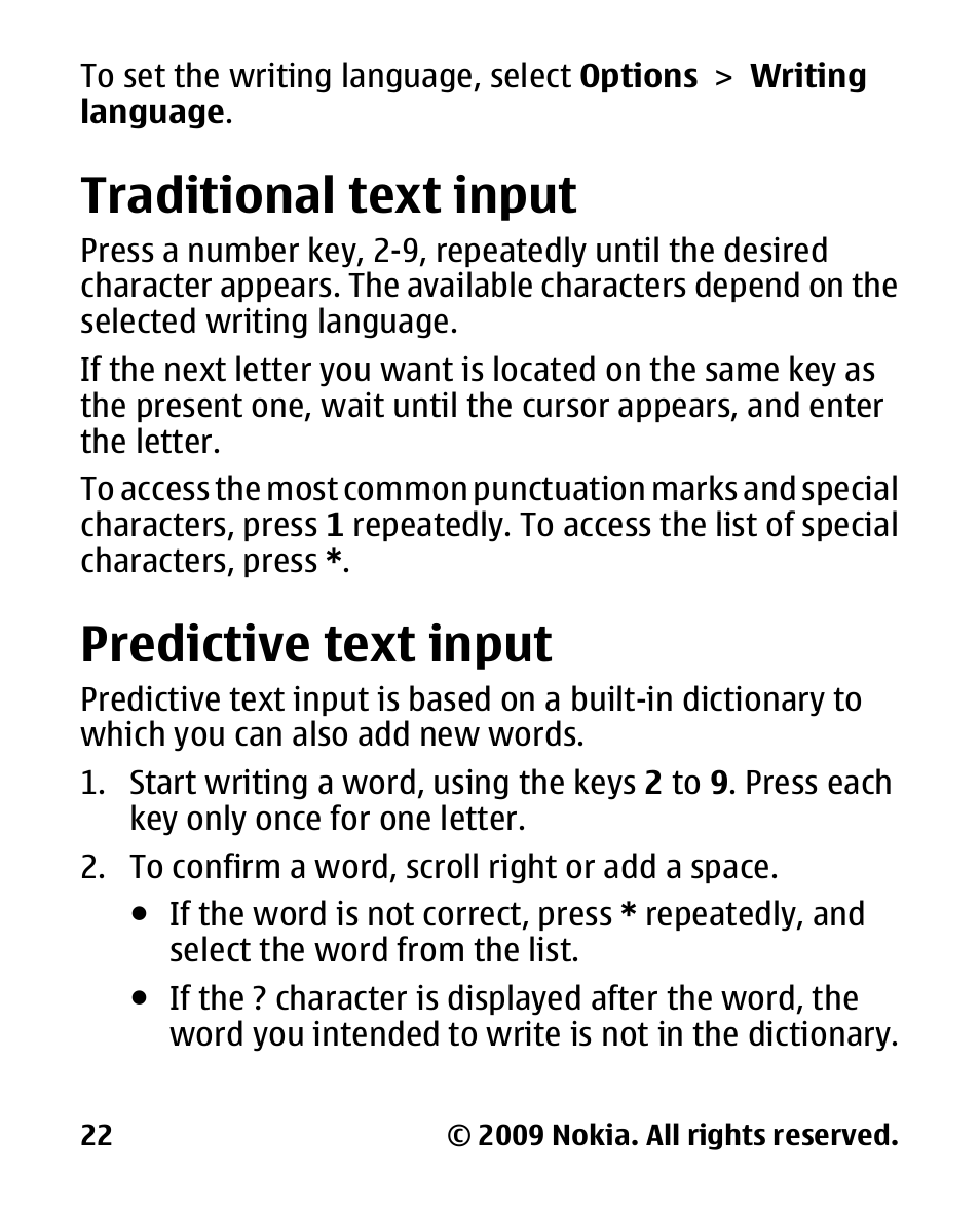 Traditional text input, Predictive text input | Nokia 2330 User Manual | Page 22 / 135