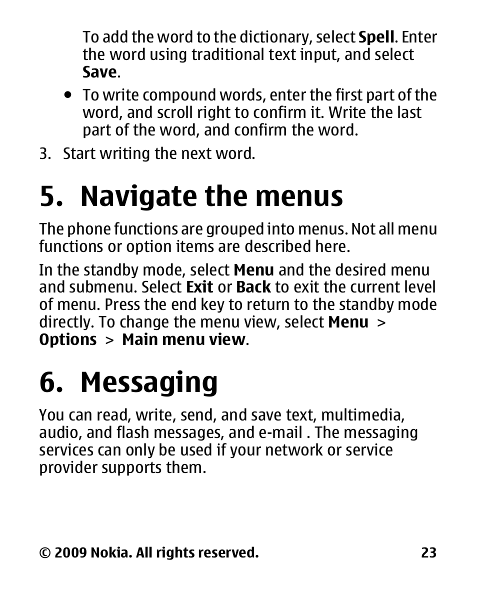 Navigate the menus, Messaging, Navigate the | Menus 6. messaging | Nokia 2330 User Manual | Page 23 / 135