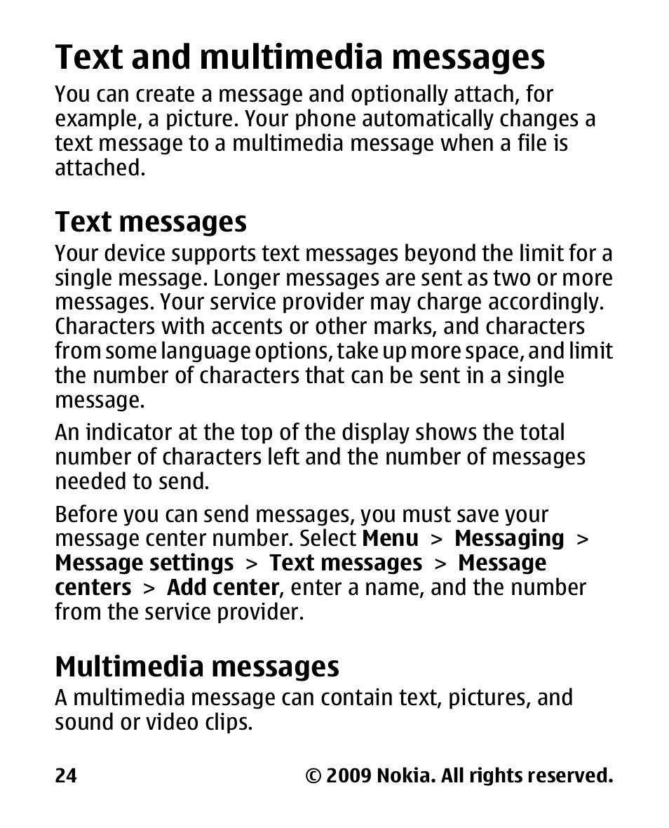 Text and multimedia messages, Text messages, Multimedia messages | Text and multimedia, Messages | Nokia 2330 User Manual | Page 24 / 135