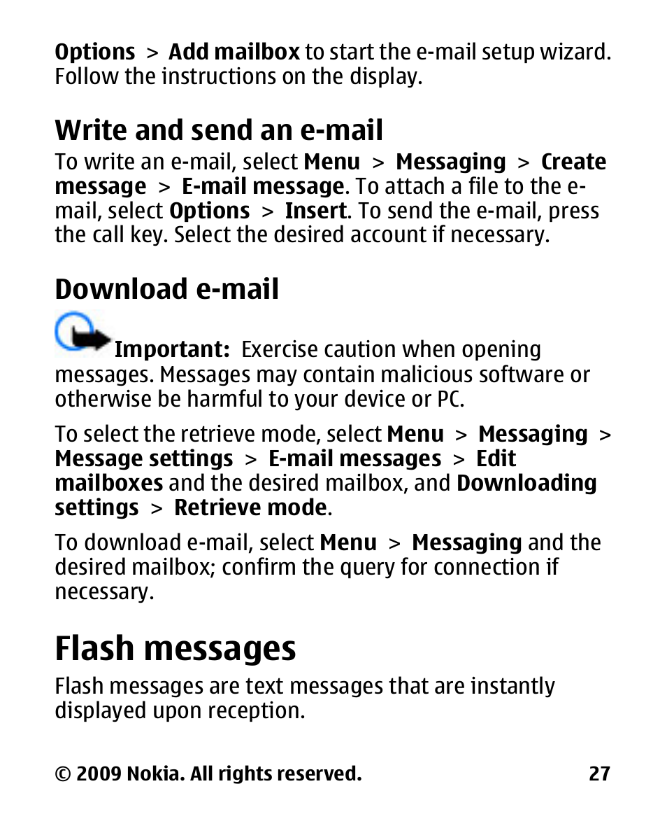 Write and send an e-mail, Download e-mail, Flash messages | Nokia 2330 User Manual | Page 27 / 135