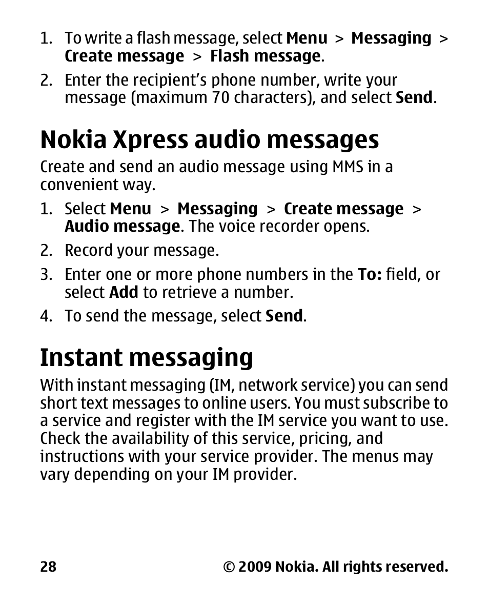 Nokia xpress audio messages, Instant messaging, Nokia xpress audio | Messages | Nokia 2330 User Manual | Page 28 / 135