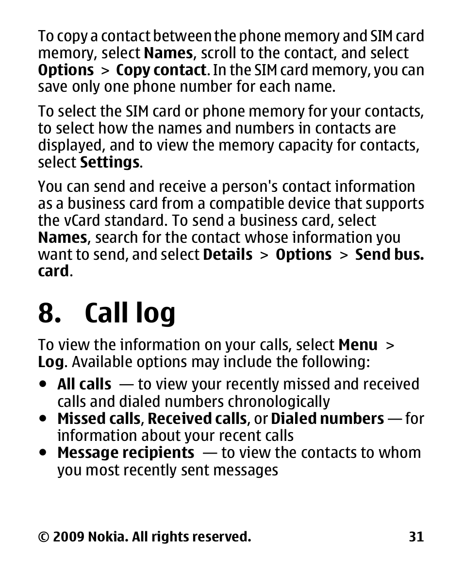 Call log | Nokia 2330 User Manual | Page 31 / 135