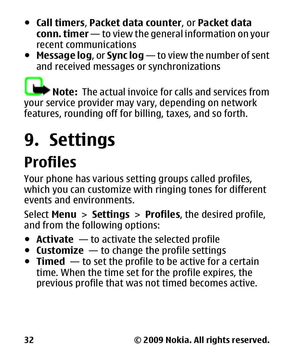 Settings, Profiles | Nokia 2330 User Manual | Page 32 / 135