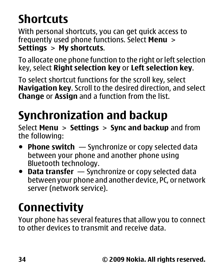 Shortcuts, Synchronization and backup, Connectivity | Synchronization and, Backup | Nokia 2330 User Manual | Page 34 / 135