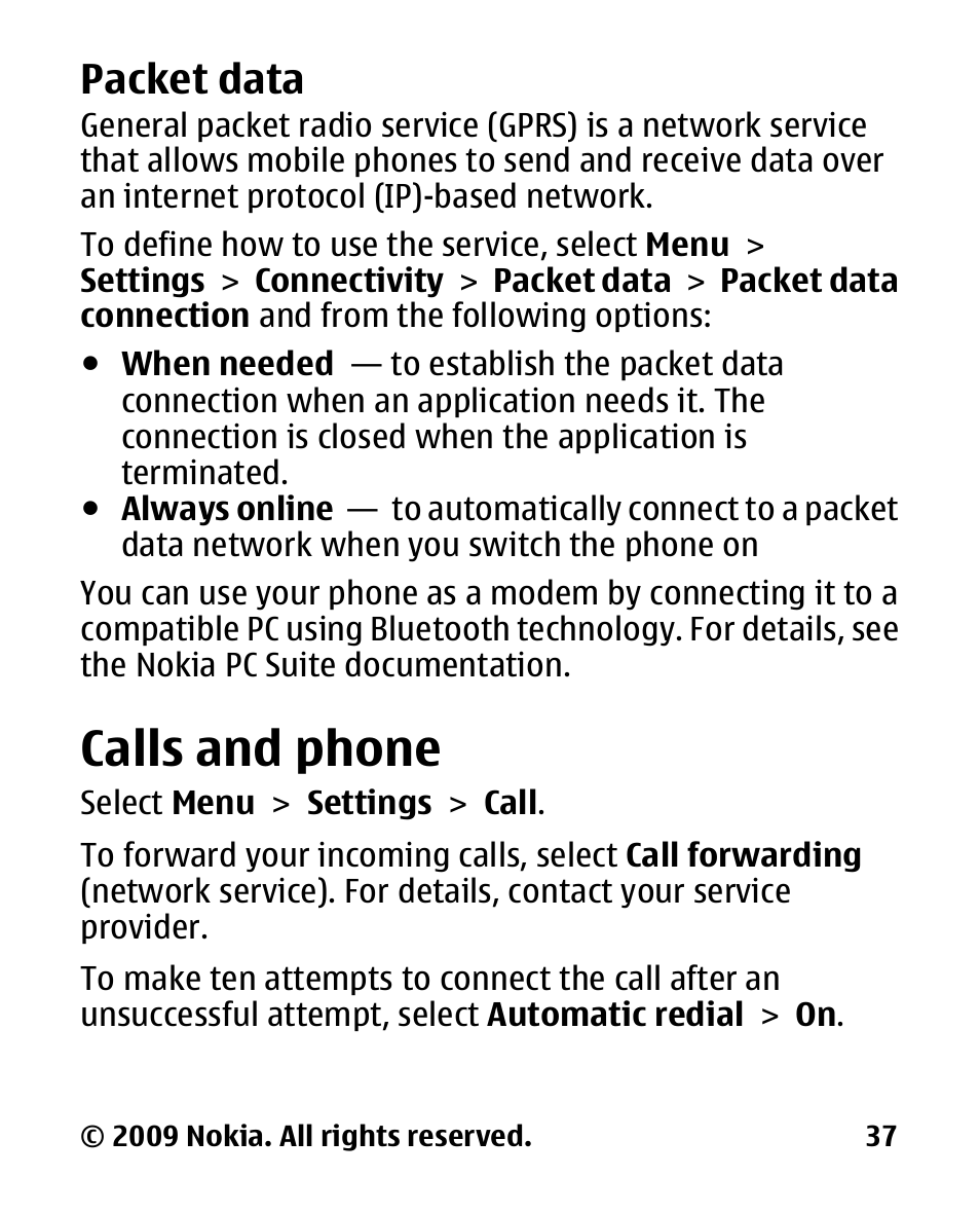 Packet data, Calls and phone | Nokia 2330 User Manual | Page 37 / 135