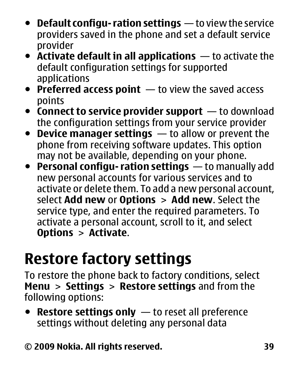 Restore factory settings, Restore factory, Settings | Nokia 2330 User Manual | Page 39 / 135