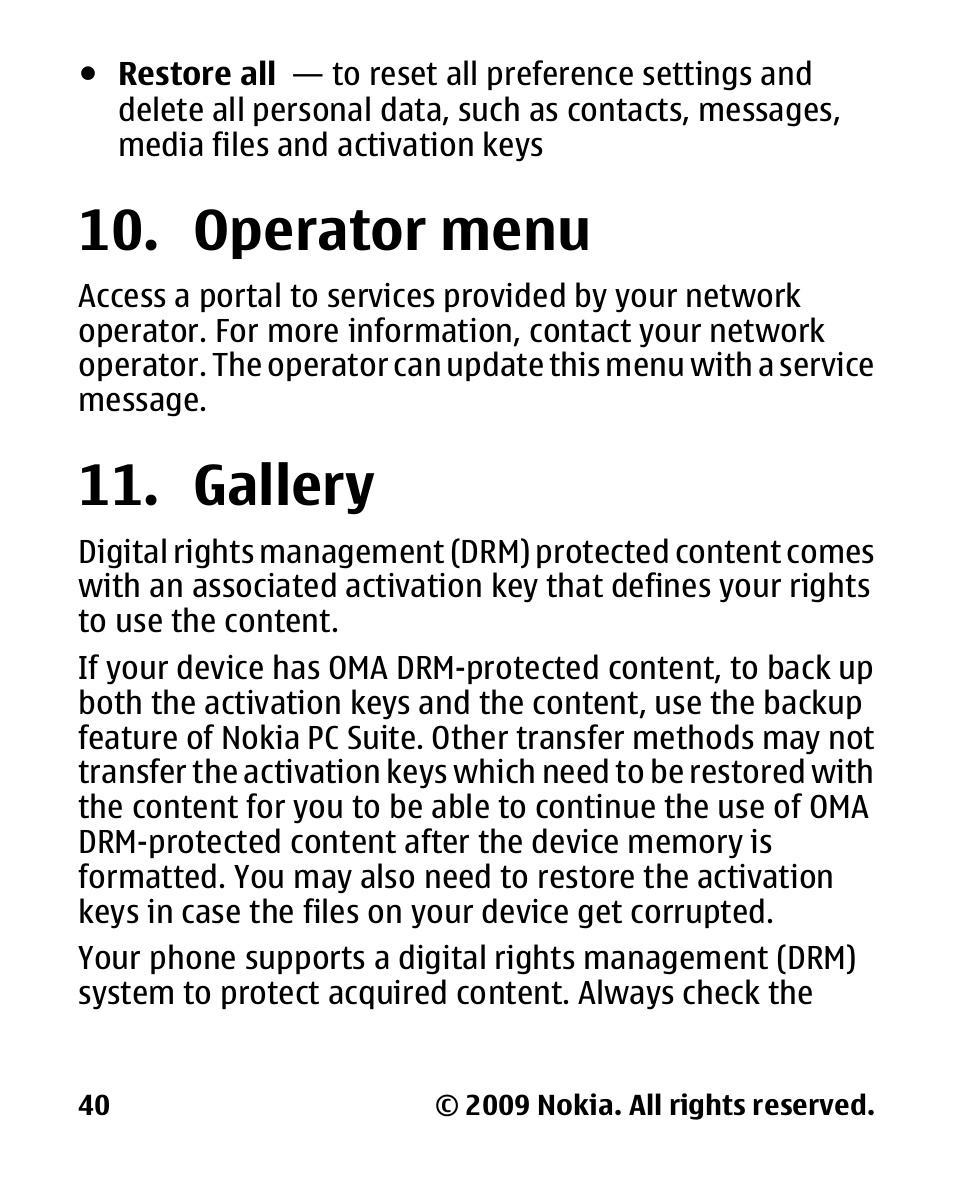 Operator menu, Gallery, Operator | Menu 11. gallery | Nokia 2330 User Manual | Page 40 / 135