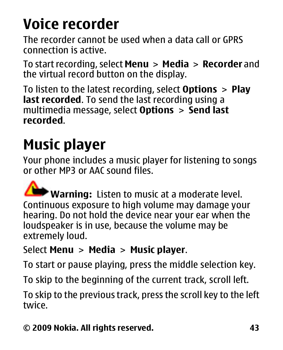 Voice recorder, Music player | Nokia 2330 User Manual | Page 43 / 135
