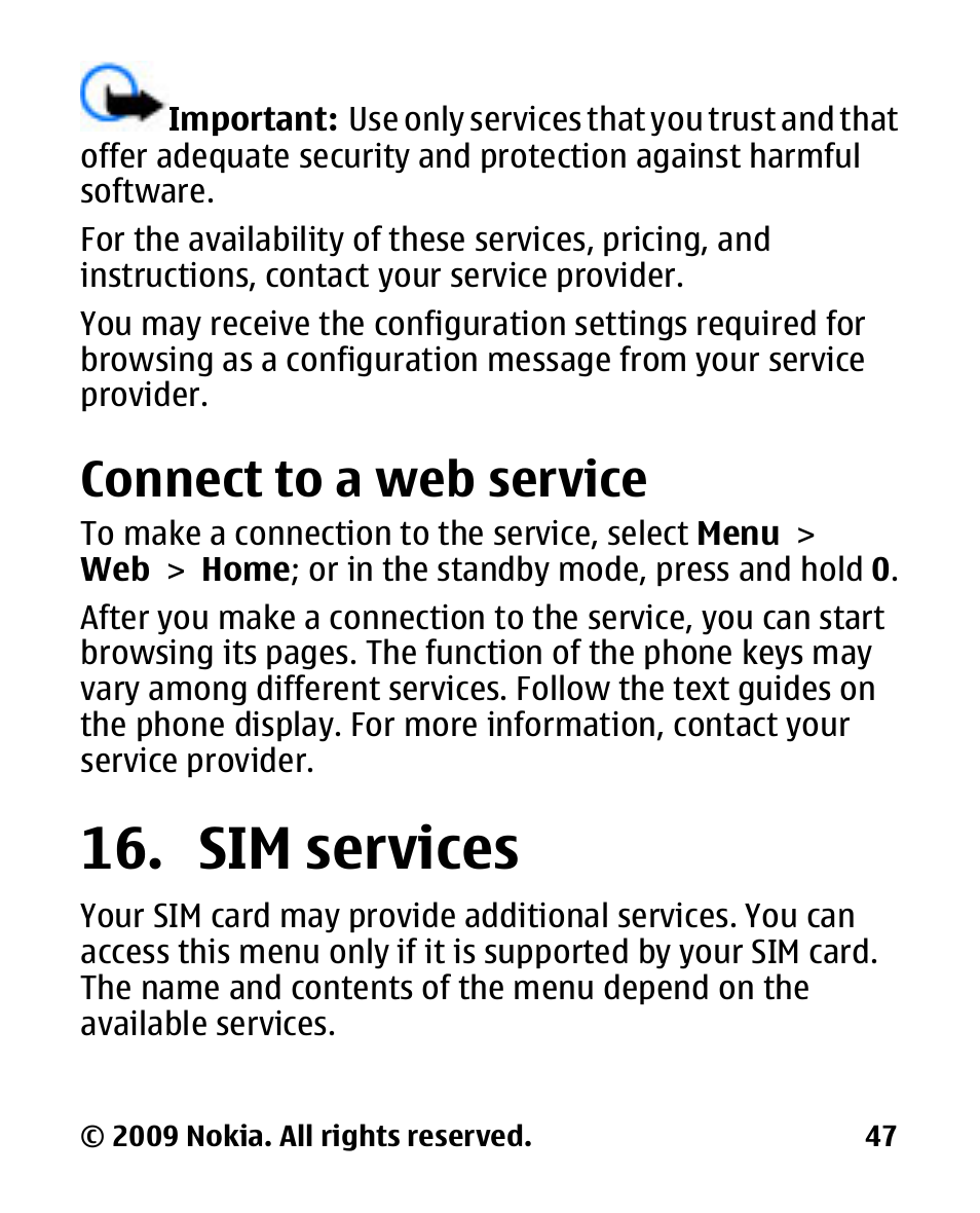 Connect to a web service, Sim services, Connect to a web | Service | Nokia 2330 User Manual | Page 47 / 135