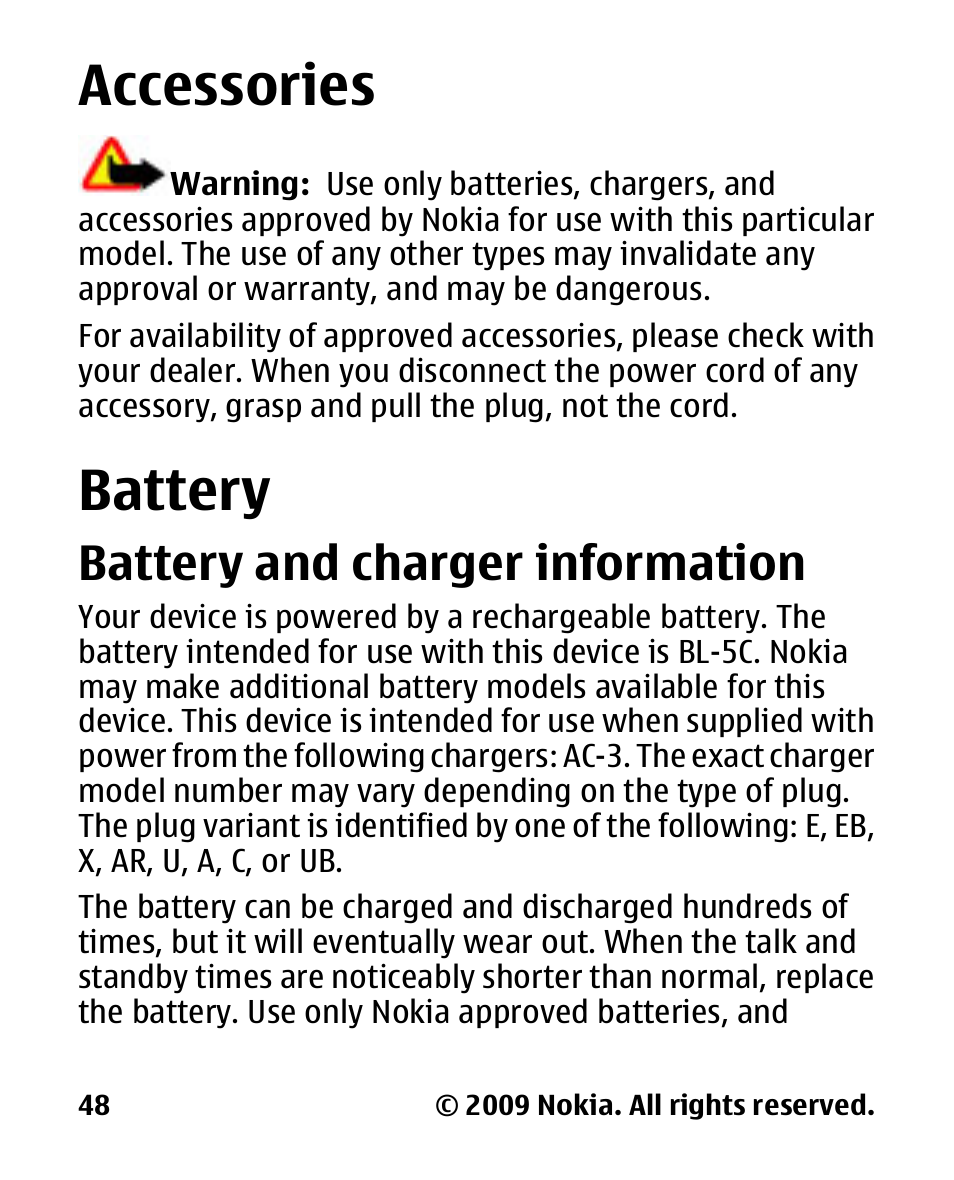 Accessories, Battery, Battery and charger information | Accessories battery, Battery and charger, Information | Nokia 2330 User Manual | Page 48 / 135