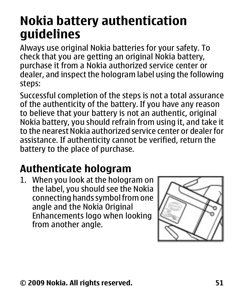 Nokia battery authentication guidelines, Authenticate hologram, Nokia battery | Authentication, Guidelines | Nokia 2330 User Manual | Page 51 / 135