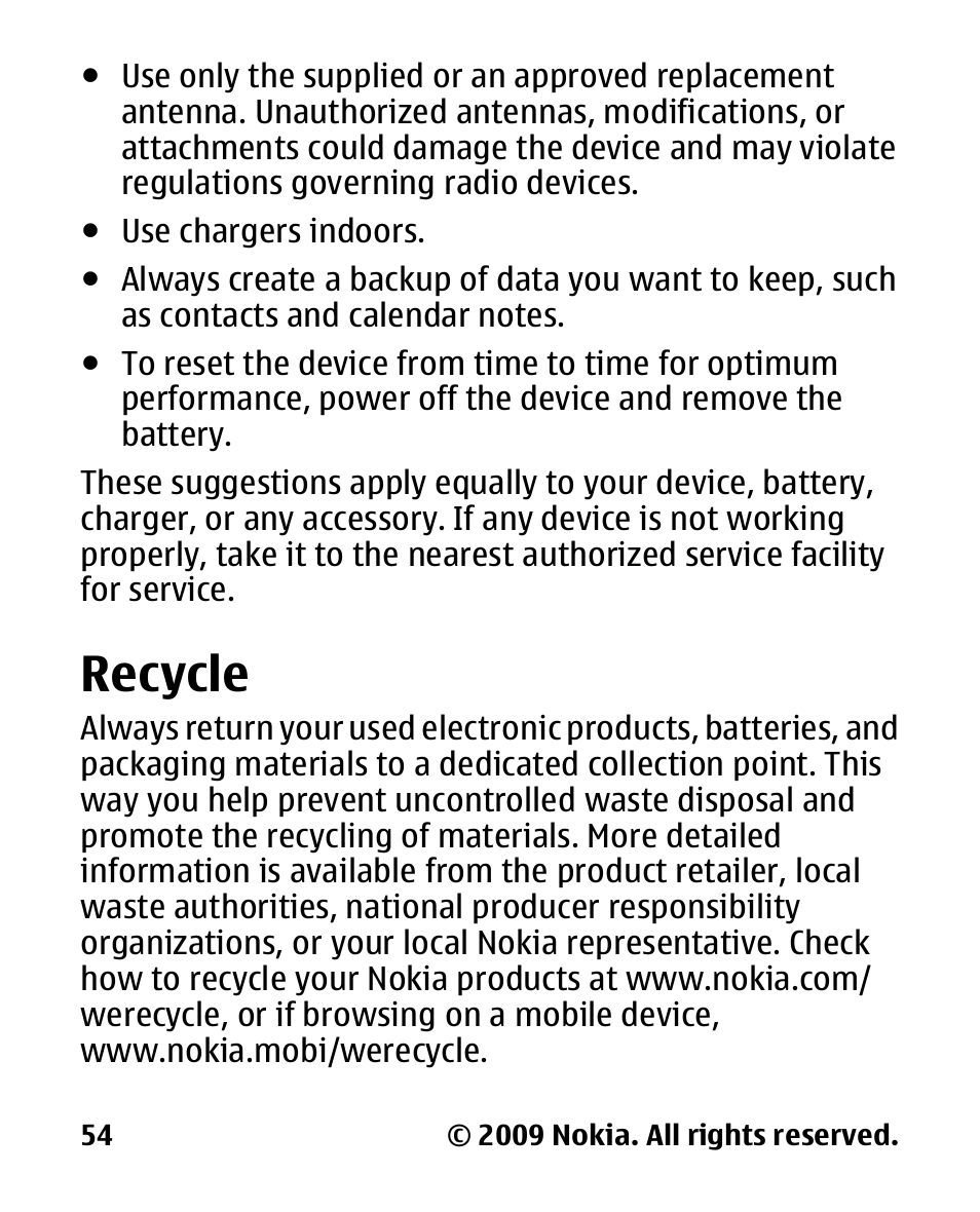 Recycle | Nokia 2330 User Manual | Page 54 / 135