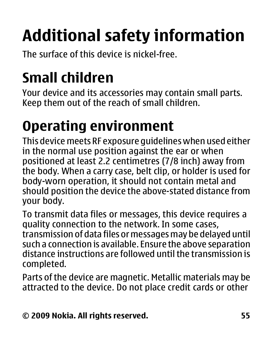 Additional safety information, Small children, Operating environment | Additional safety, Information, Operating, Environment | Nokia 2330 User Manual | Page 55 / 135